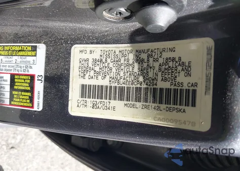 2012 Toyota Corolla S z USA, uszkodzony, nr VIN 5YFBU4EE0CP074294